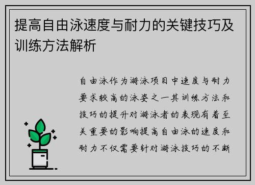 提高自由泳速度与耐力的关键技巧及训练方法解析