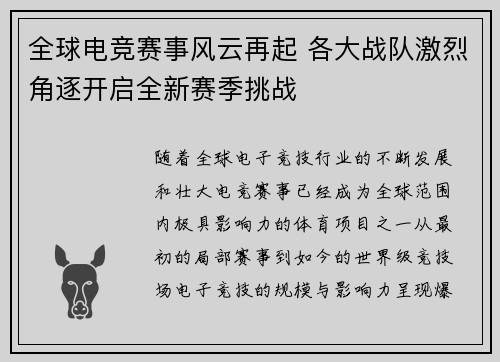 全球电竞赛事风云再起 各大战队激烈角逐开启全新赛季挑战