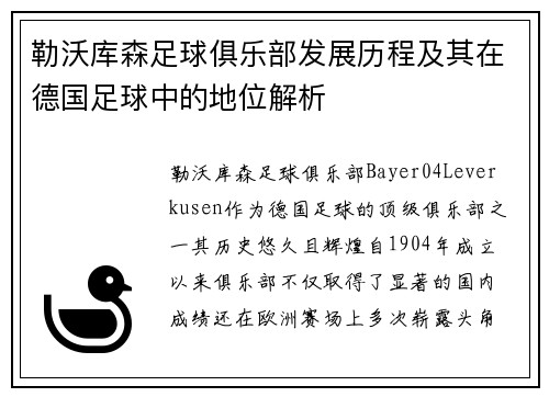 勒沃库森足球俱乐部发展历程及其在德国足球中的地位解析