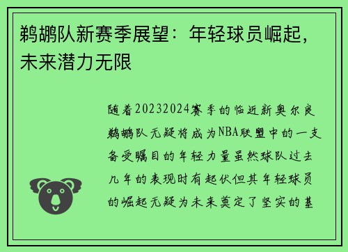 鹈鹕队新赛季展望：年轻球员崛起，未来潜力无限