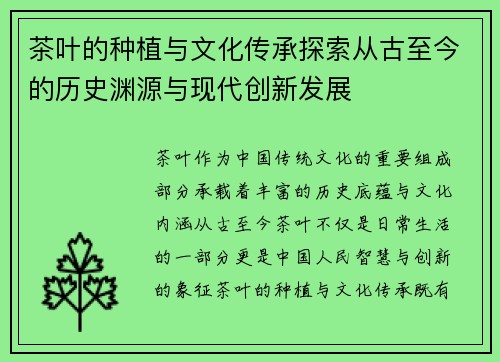 茶叶的种植与文化传承探索从古至今的历史渊源与现代创新发展